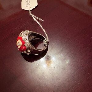 Vintage Silver Floral Ring with Red and Pink Accents